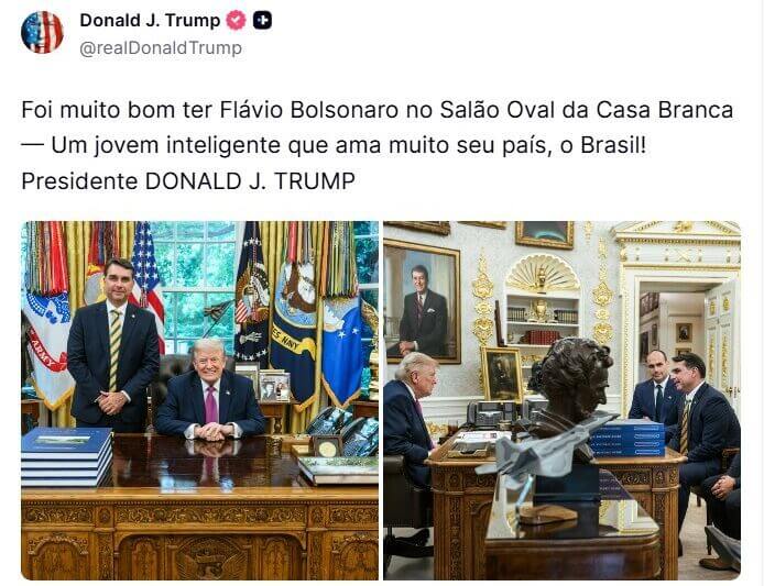 Trump elogia Flávio Bolsonaro: foi muito bom tê-lo na Casa Branca